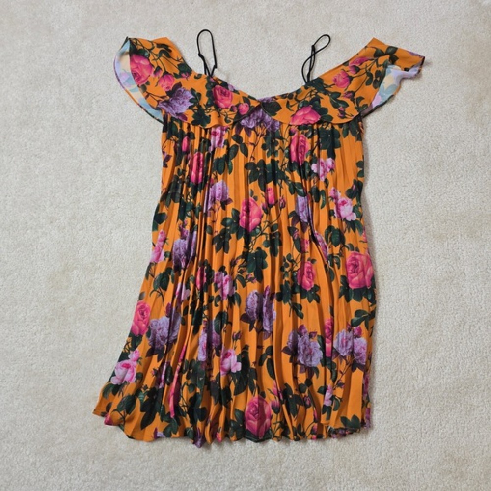DELFI x Anthropologie Elsa Floral Orange Off Shoulder Pleated Mini Dress Size S - Picture 4 of 8